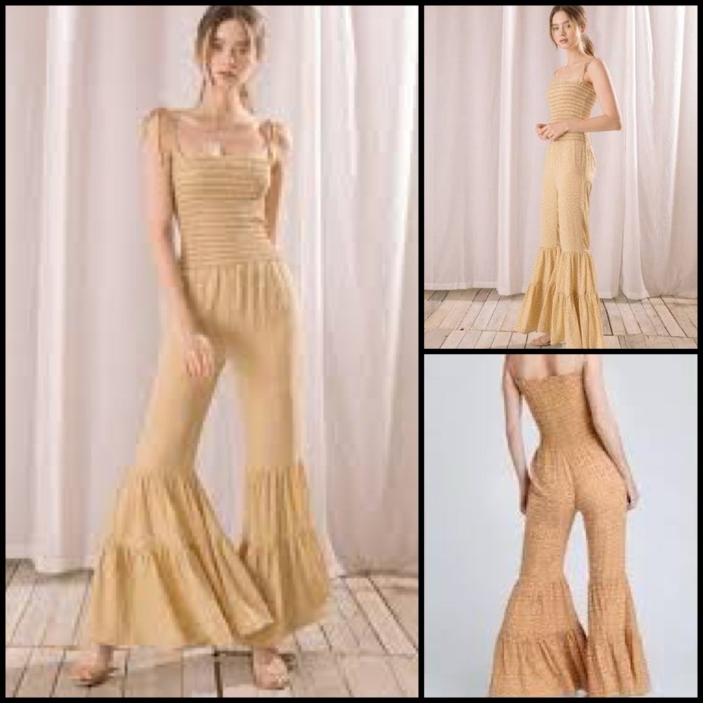 Storia Smocked Boho Hippie Ruffle-Hem Bell Bottom Floral Jumpsuit Mustard M